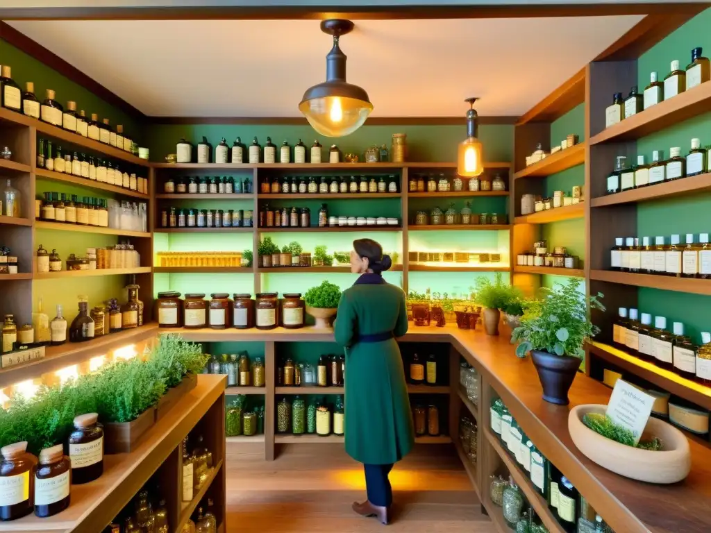 En una bulliciosa botica vintage, los estantes rebosan de hierbas y plantas en frascos de colores