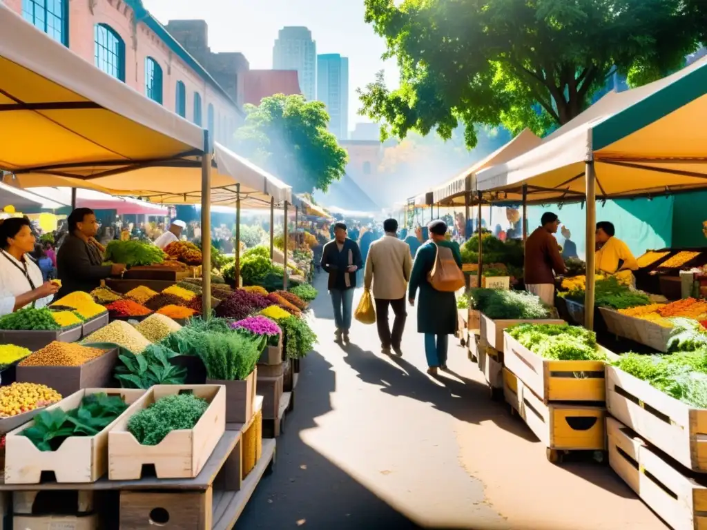 Una bulliciosa feria urbana con vibrantes plantas medicinales en la farmacopea, creando un contraste llamativo y evocando tradición y modernidad