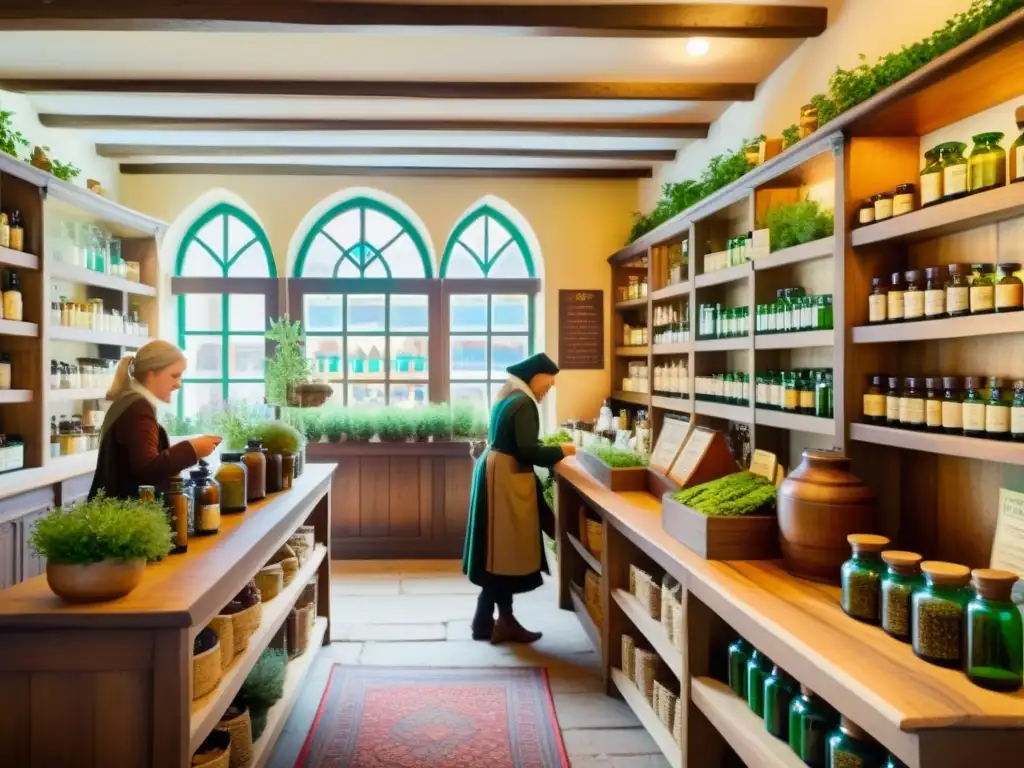 Una ilustración vintage de una bulliciosa tienda de hierbas medicinales europeas, llena de actividad y calidez, evocando tradición y comunidad