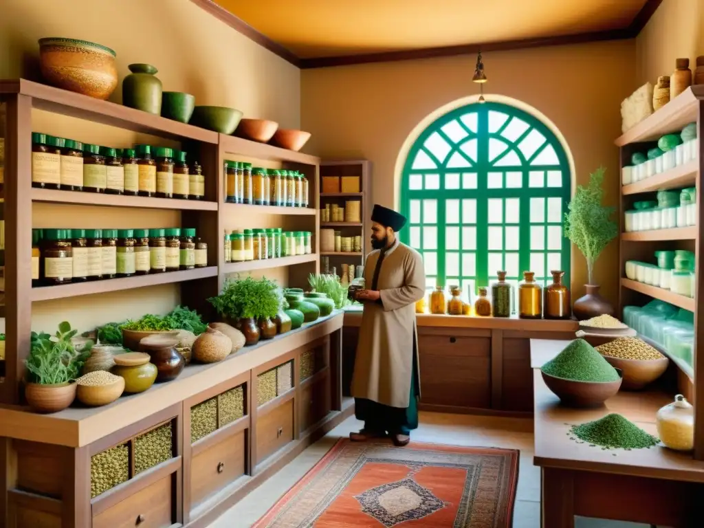 Una ilustración vintage de una bulliciosa tienda de hierbas medicinales en la medicina islámica