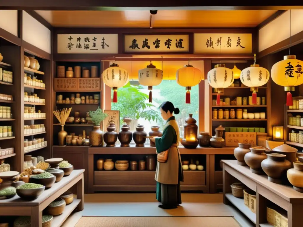 Una ilustración vintage de una bulliciosa tienda de hierbas medicinales en China, evocando tradición y prácticas de medicina tradicional china historia