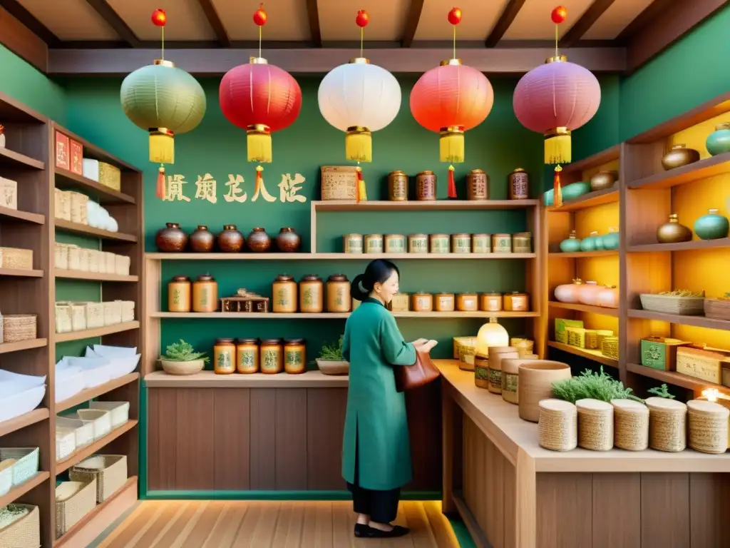 Una ilustración vintage de una bulliciosa tienda de medicina tradicional china, con detalles de madera y linternas coloridas