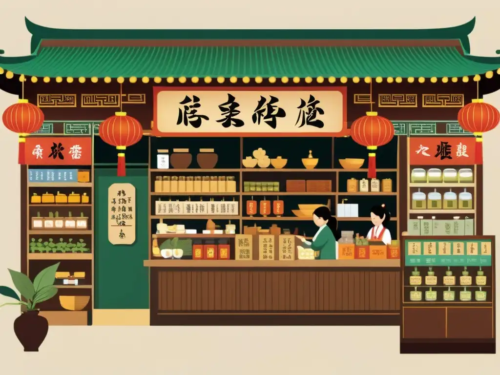 Una ilustración vintage de una bulliciosa tienda de medicina tradicional china, con clientes consultando y comprando hierbas y remedios