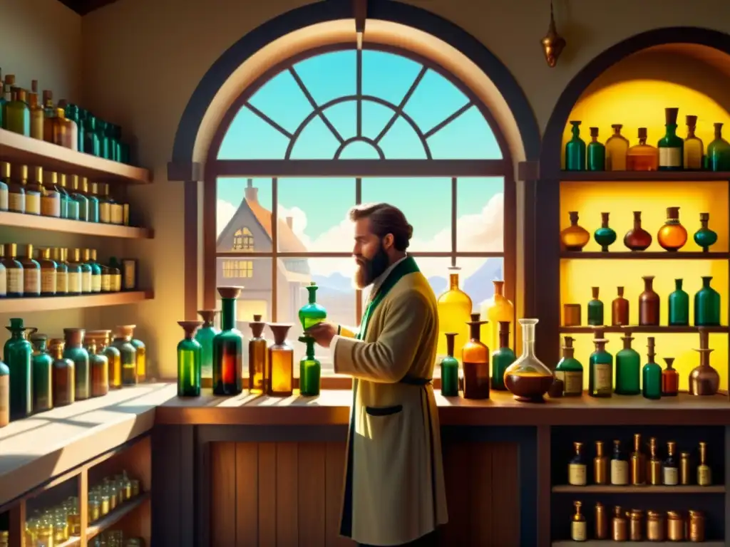 Un bullicioso alquimista vierte elixir dorado en una botella en una antigua botica, creando una atmósfera de encanto y misterio