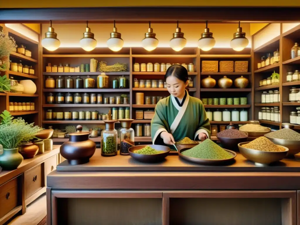 Un bullicioso herbolario chino tradicional con estantes llenos de hierbas medicinales chinas, ancianos herbolarios y clientes en trajes tradicionales