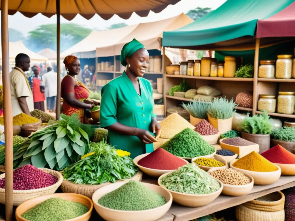 Un bullicioso mercado africano muestra una variedad de hierbas medicinales y vendedores locales en tradicionales vestimentas