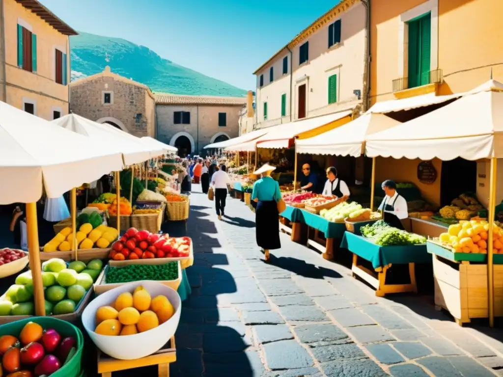 Un bullicioso mercado al aire libre en Cerdeña, Italia, ofrece frutas, verduras y alimentos mediterráneos