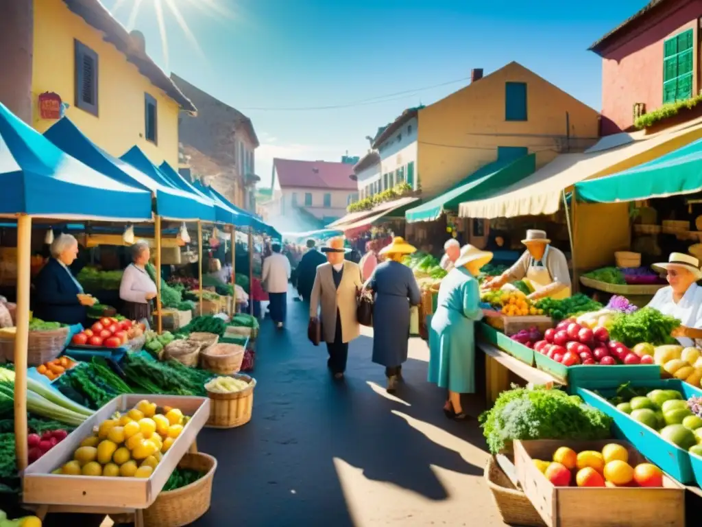 Un bullicioso mercado al aire libre en una comunidad de zona azul, con frutas, verduras y hierbas coloridas