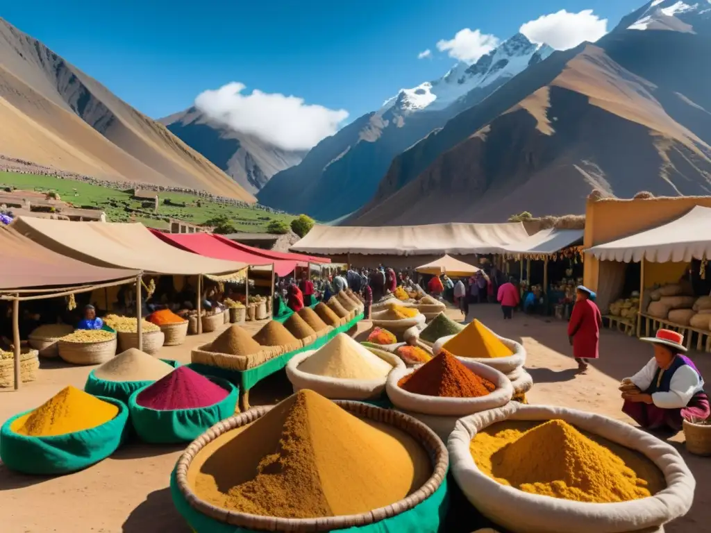 Un bullicioso mercado andino tradicional con productos de maca, destacando la cultura vintage y los beneficios medicinales de la maca andina