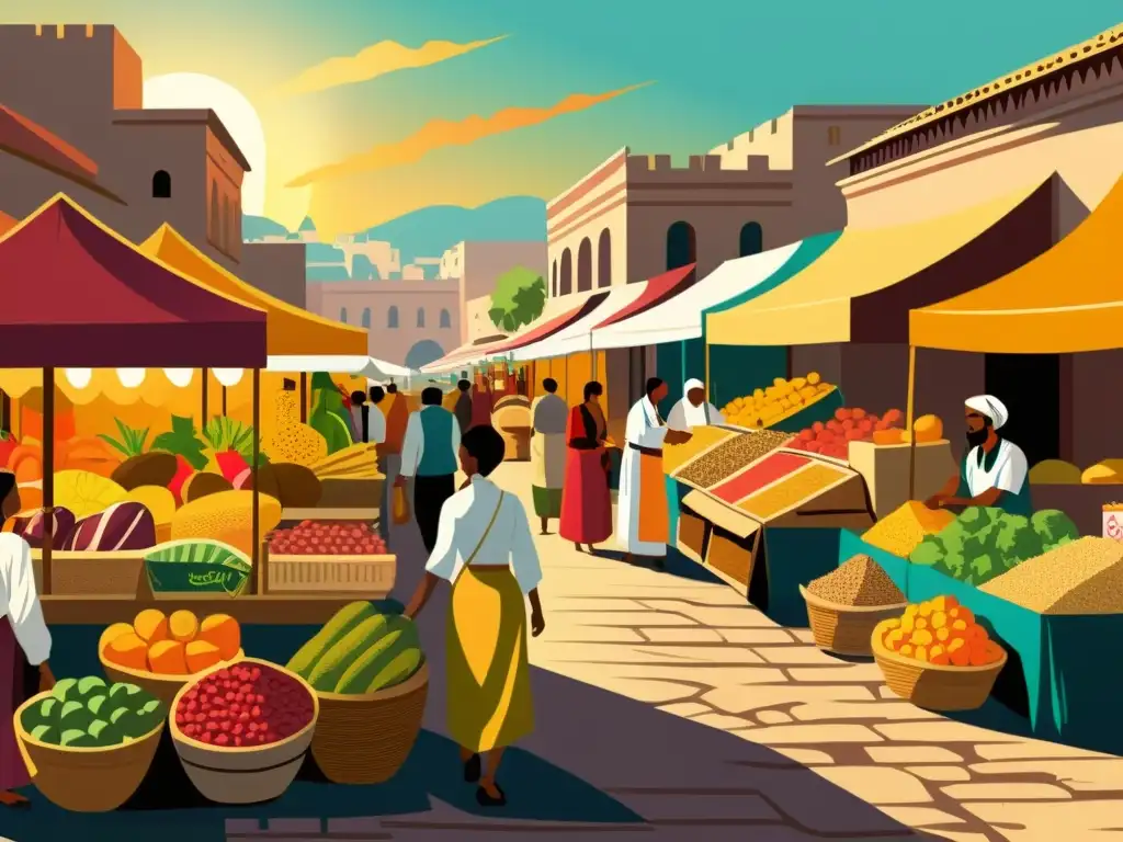 Un bullicioso mercado en una antigua civilización, con puestos coloridos rebosantes de frutas exóticas y granos