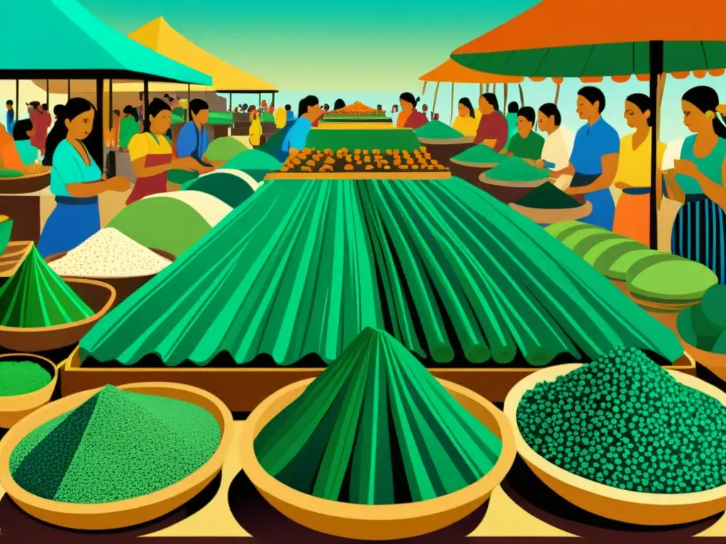 Un bullicioso mercado azteca con vendedores de espirulina y otros productos tradicionales