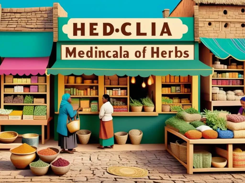 Un bullicioso mercado de estilo vintage, repleto de coloridos puestos que venden hierbas medicinales y remedios tradicionales