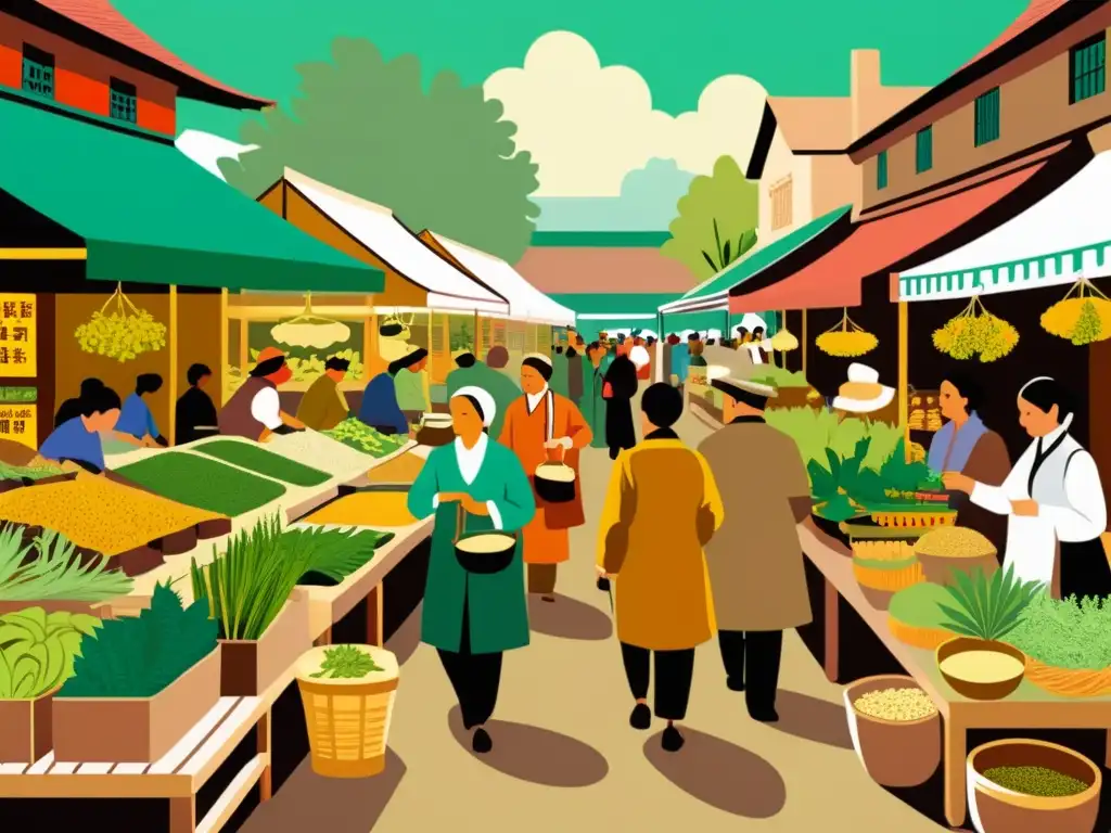 Un bullicioso mercado de hierbas medicinales tradicionales, con colores vivos y detalles intrincados