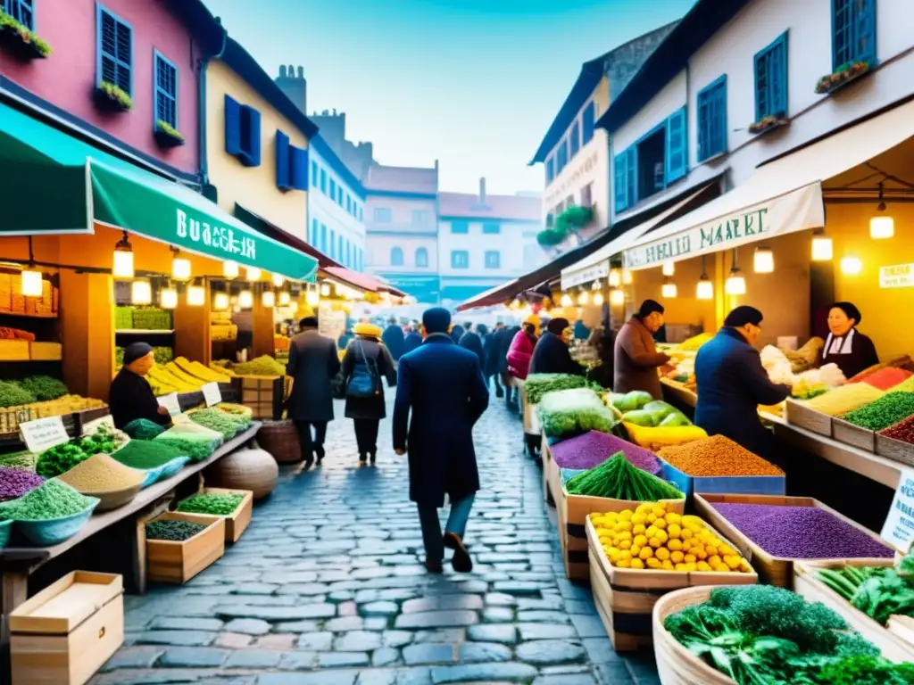 Un bullicioso mercado de hierbas urbanas con puestos coloridos y aromas vibrantes