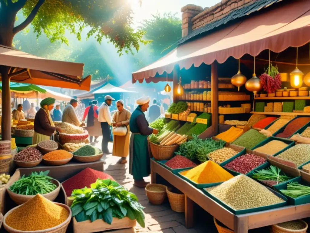 Un bullicioso mercado lleno de hierbas y especias coloridas, con clientes y vendedores interactuando en un escenario bañado por la cálida luz del sol