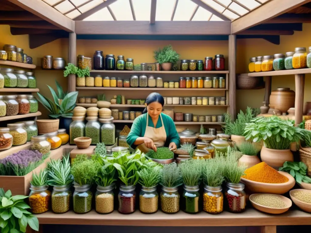 Un bullicioso mercado lleno de hierbas y plantas coloridas, con un herbolario preparando remedios rodeado de clientes ansiosos