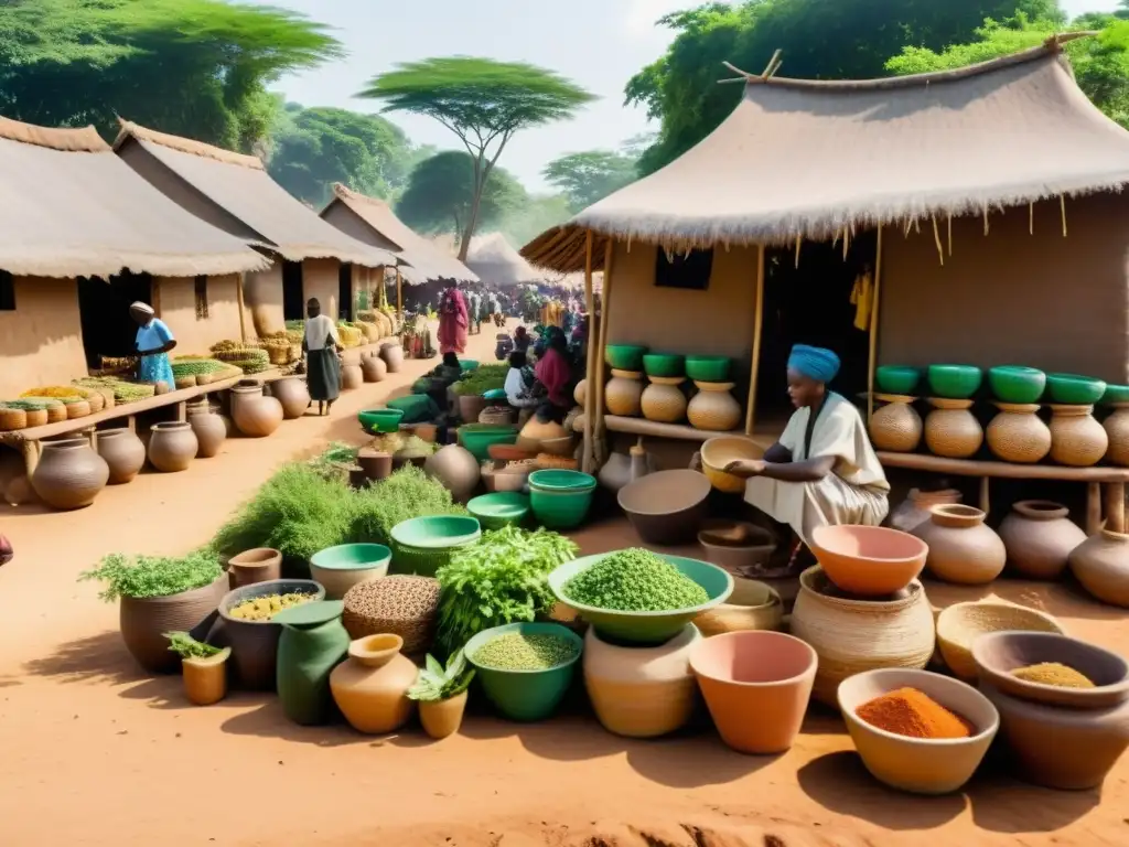 Un bullicioso mercado de medicina tradicional africana con colores vibrantes y actividad animada bajo el cálido sol