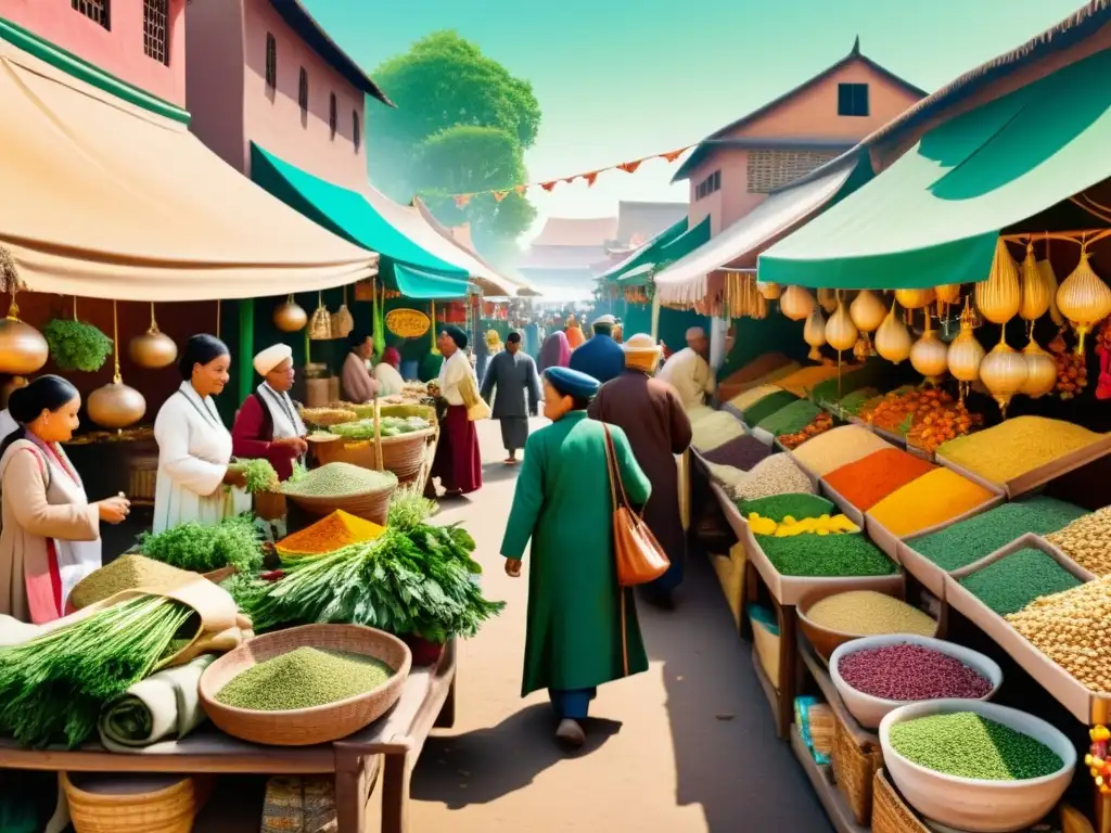 Un bullicioso mercado de medicina tradicional, lleno de colores vibrantes y decoraciones tradicionales