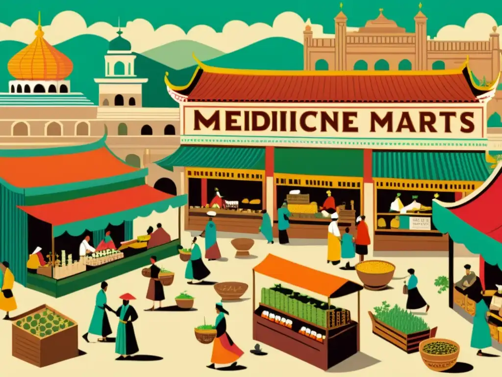 Un bullicioso mercado de medicina tradicional, con vendedores y clientes interactuando, exuda riqueza cultural y significado histórico