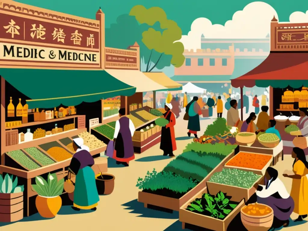 Un bullicioso mercado de medicina tradicional con interacciones medicina tradicional riesgo, lleno de colores vibrantes y detalles culturales