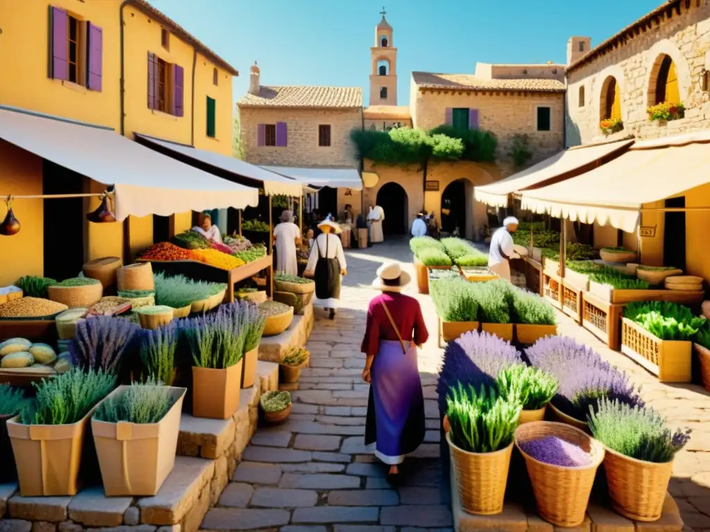 Un bullicioso mercado mediterráneo con plantas medicinales tradicionales del Mediterráneo, evocando tradición y poder curativo