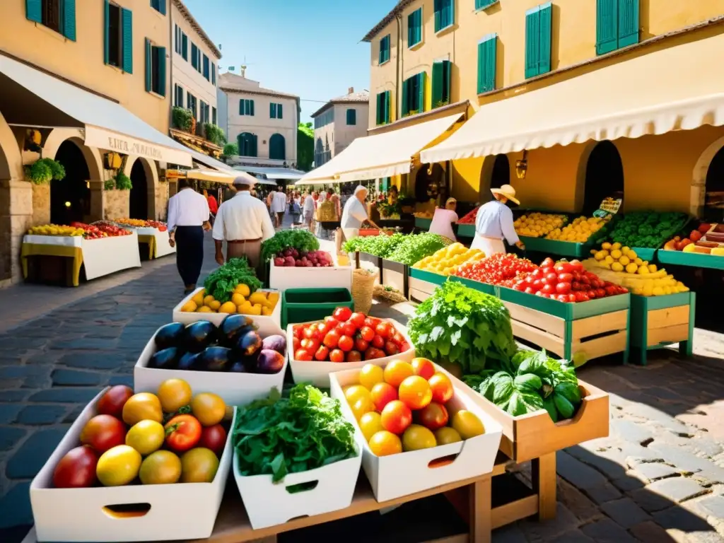 Un bullicioso mercado mediterráneo con productos frescos y coloridos, evocando la influencia de la dieta mediterránea en la salud moderna