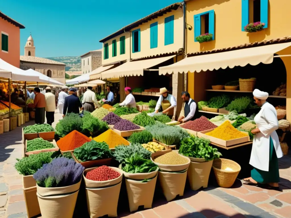 Un bullicioso mercado mediterráneo rebosante de plantas medicinales y aromáticas, con vendedores y clientes inmersos en la rica cultura herbal