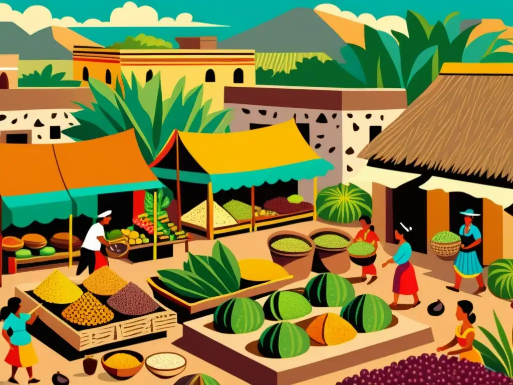 En el bullicioso mercado mesoamericano, los alimentos terapéuticos y la cultura se entrelazan en una vibrante ilustración vintage