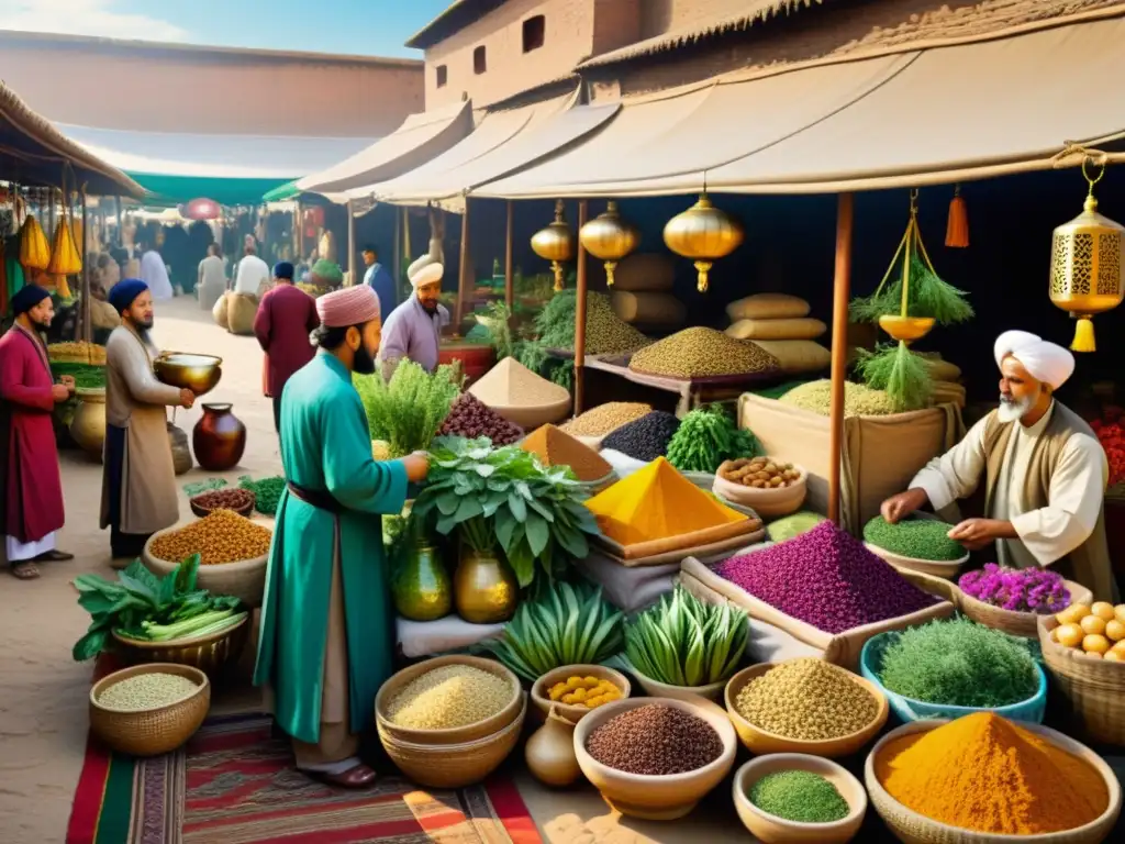 Un bullicioso mercado en la Ruta de la Seda, donde se intercambian plantas medicinales y se preparan remedios tradicionales islámicos