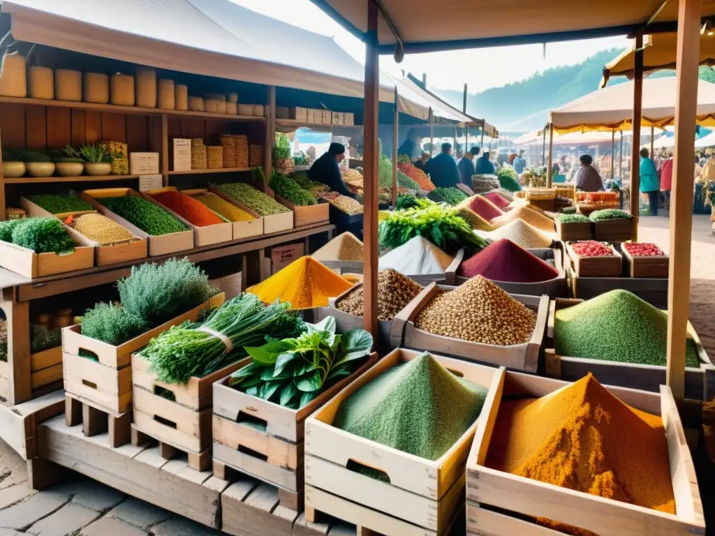 Un bullicioso mercado tradicional de hierbas medicinales, con vendedores locales y colores vibrantes