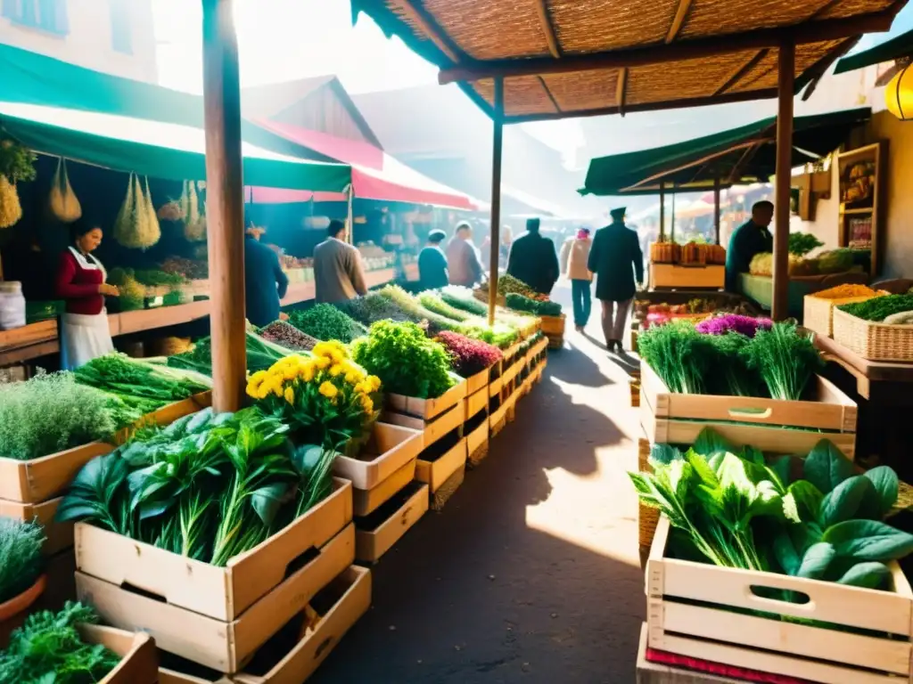 En un bullicioso mercado tradicional, hierbas medicinales llenan puestos coloridos, mientras el sol resalta su belleza natural