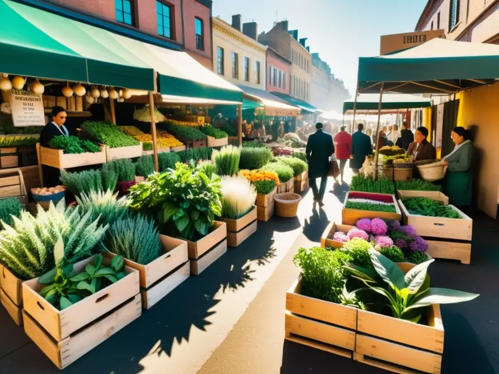 Un bullicioso mercado urbano lleno de plantas medicinales en cajas y canastas de madera