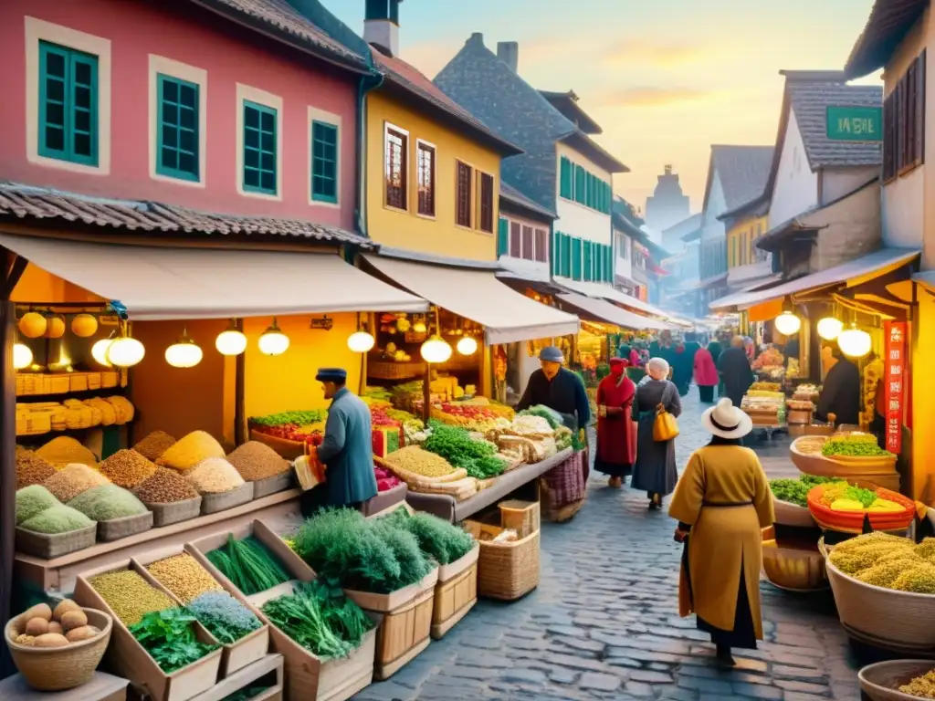 Un bullicioso mercado vintage en un encantador pueblo antiguo, con vendedores de hierbas y raíces medicinales