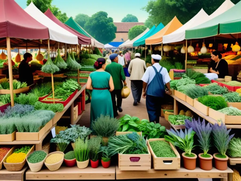 Un bullicioso mercado vintage con puestos coloridos de hierbas medicinales