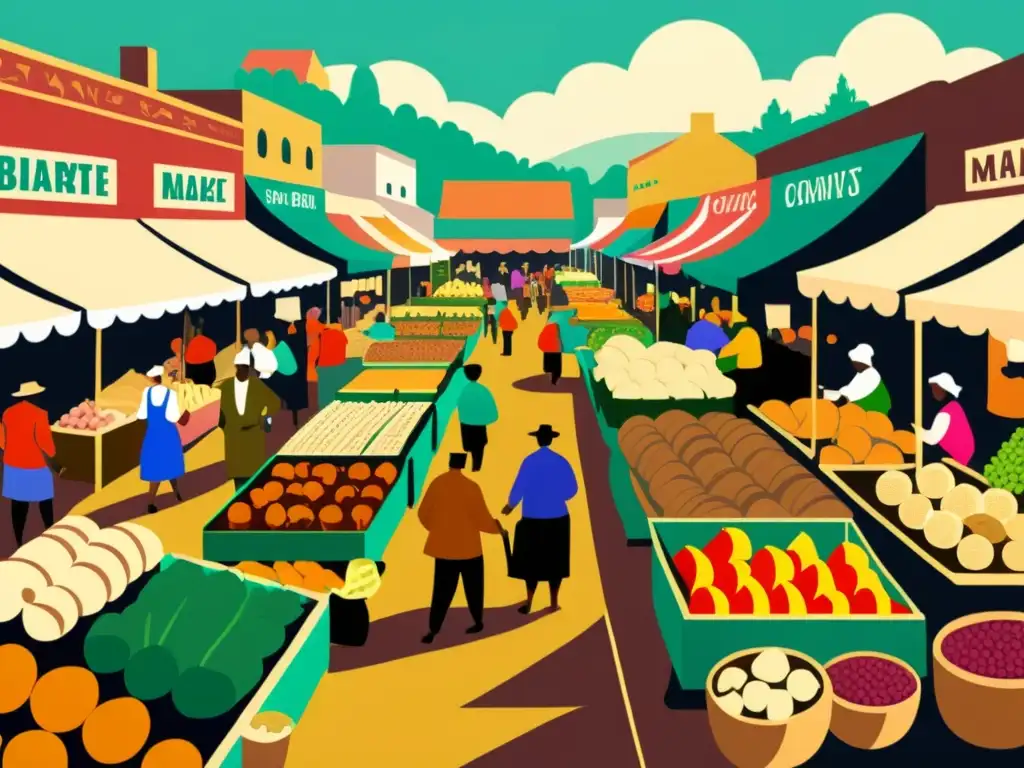 Mercado vibrante: Raíces y tubérculos en un bullicioso mercado tradicional Un bullicioso mercado vintage rebosante de puestos de coloridos alimentos terrenales en la dieta ancestral, evocando tradición y nostalgia
