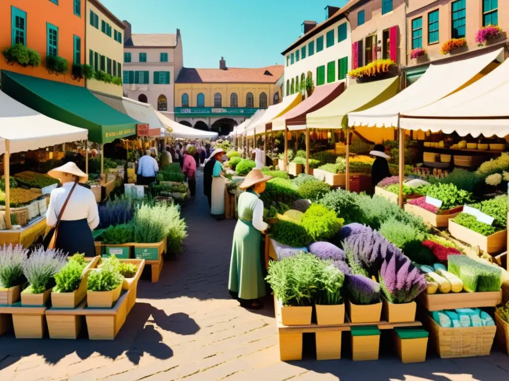 Un bullicioso mercado vintage rebosante de hierbas medicinales, capturando la esencia del renacer herbal en la era moderna