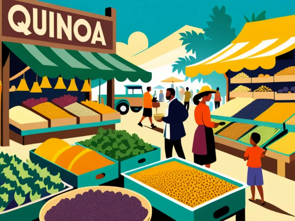 Un bullicioso mercado vintage con superalimentos coloridos como quinoa, semillas de chía, kale, bayas de acai y cúrcuma