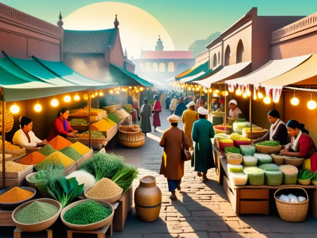 Un bullicioso mercado vintage con vendedores de hierbas medicinales tradicionales