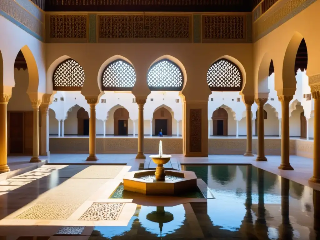 Un bullicioso patio de un histórico hospital islámico, con azulejos geométricos, una fuente central y eruditos y médicos debatiendo