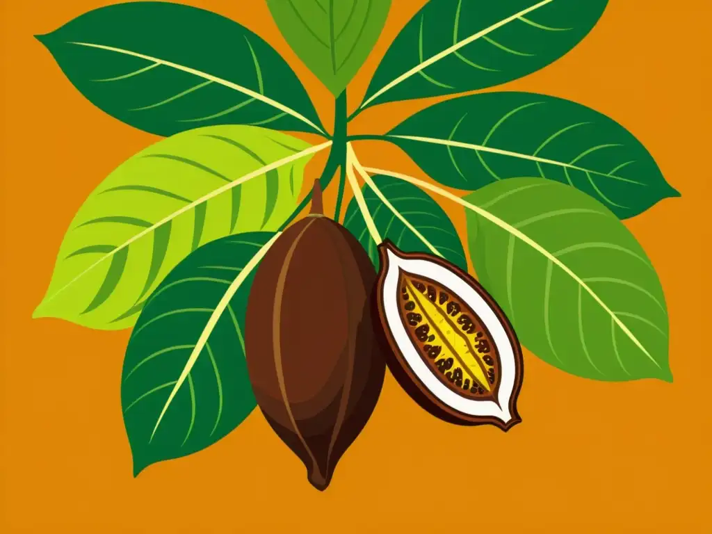 Ilustración vintage de un cacao con hojas verdes exuberantes y vibrantes vainas, evocando su rica historia y beneficios del cacao en salud