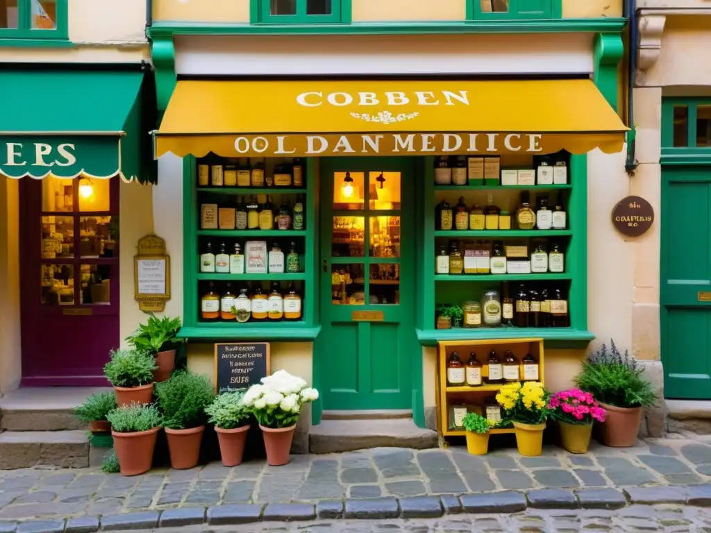 Una calle empedrada en una ciudad europea, con tiendas de medicina herbal y apotecarios