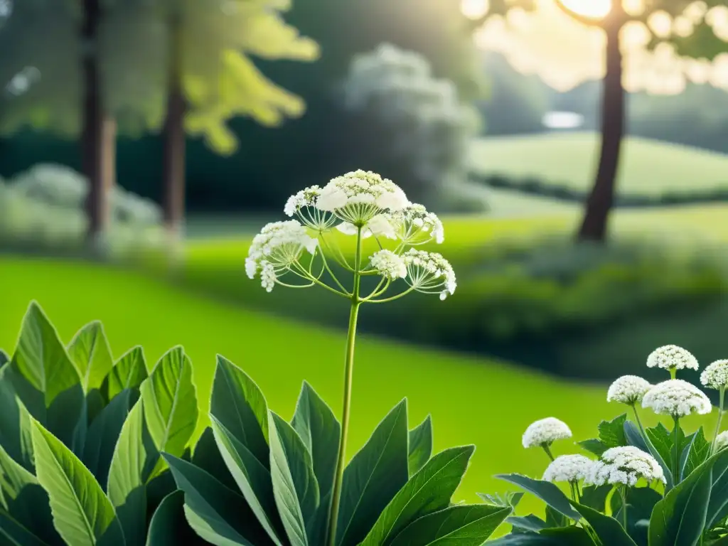 Un campo exuberante con la planta Angelica Sinensis, sus delicadas flores blancas crean un contraste hermoso