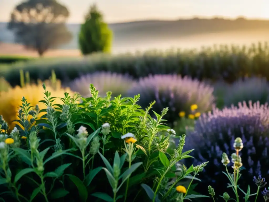 Un campo de hierbas aromáticas con señales del suelo, cultivo y atmósfera etérea