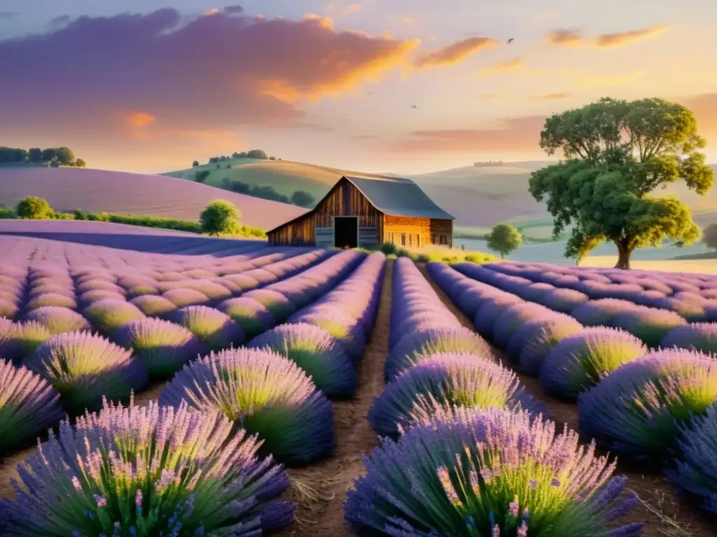 Un campo de lavanda al atardecer, con luz dorada, abejas, un granero rústico y un cielo pastel