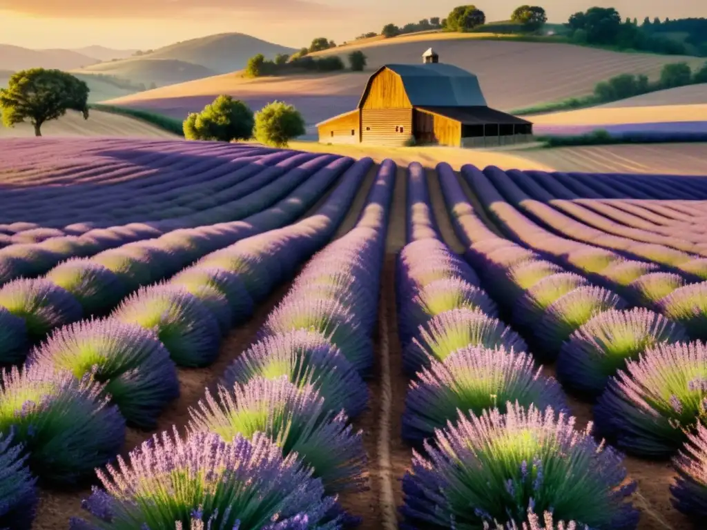 Campo de lavanda al atardecer con luz dorada, evocando la elaboración de aceites esenciales sustentables