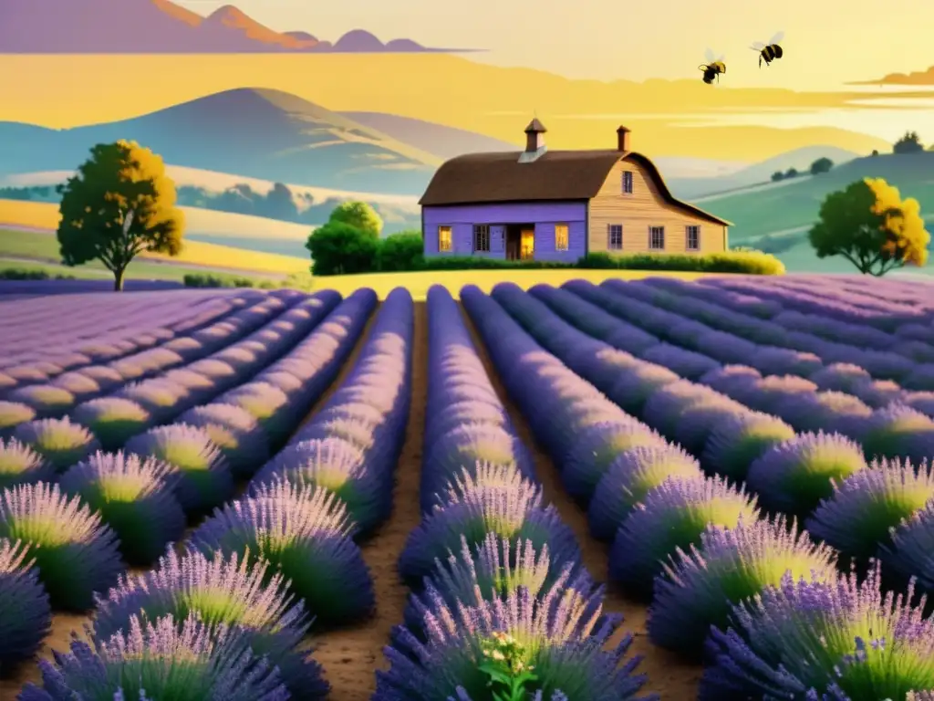 Un campo de lavanda exuberante bañado por la luz dorada del atardecer, con abejas revoloteando alrededor de las flores moradas