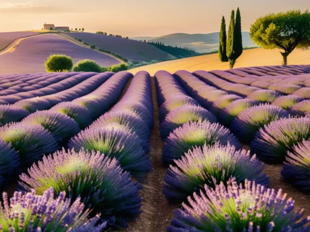 Un campo de lavanda en la región de la Provenza, Francia, bañado por la cálida luz del sol