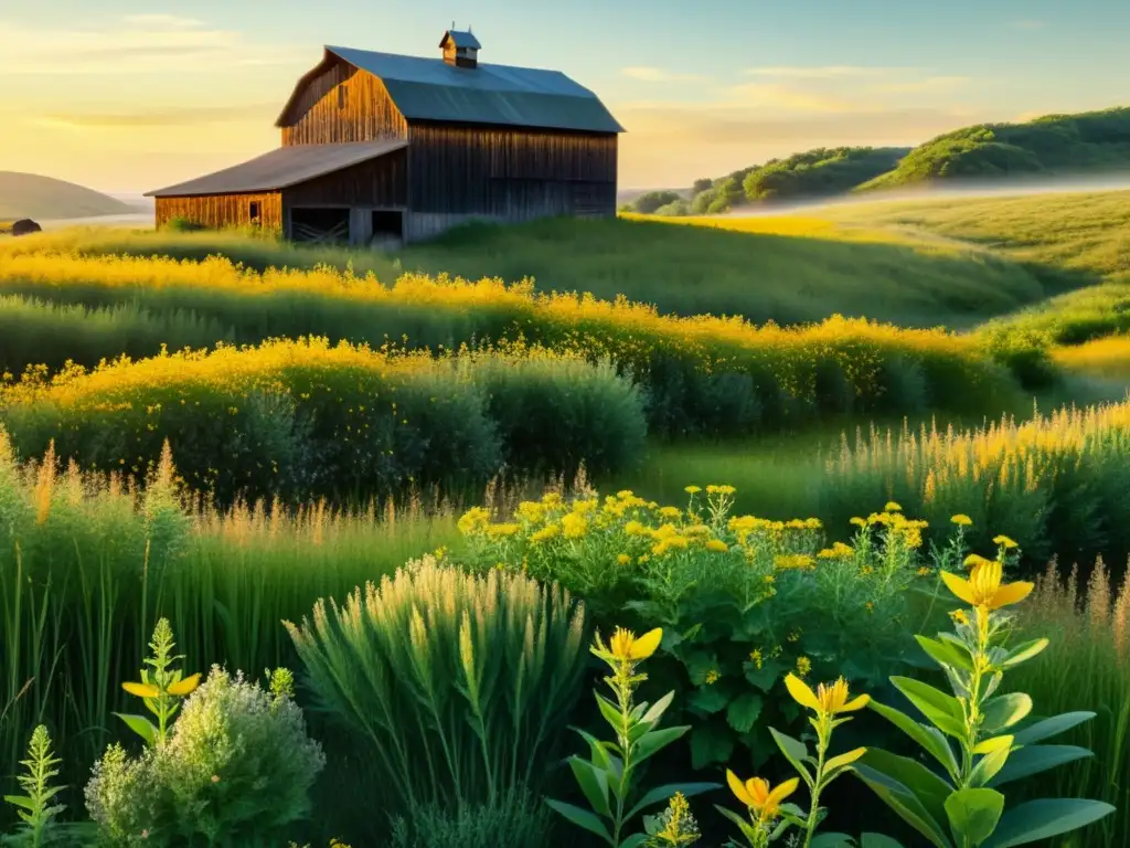 Campo sereno de Hierba de San Juan con flores amarillas, abejas y una cálida luz solar