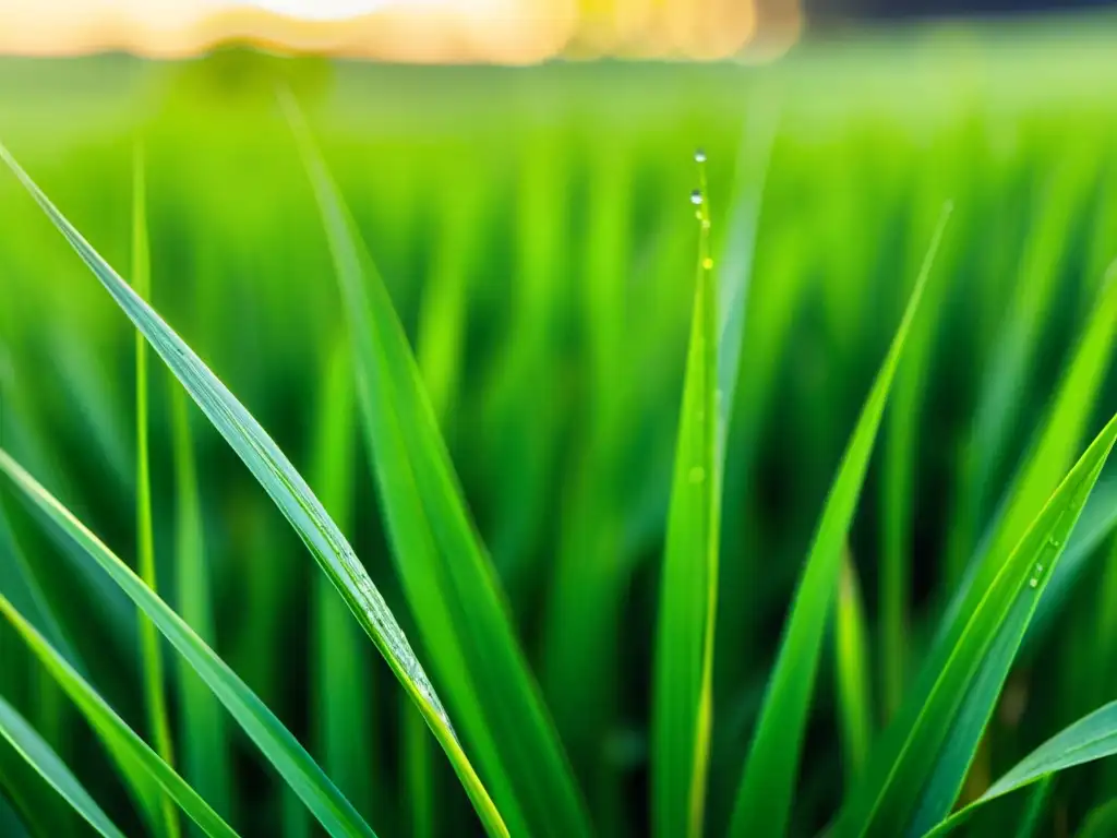 Campo de trigo verde con rocío, bañado por cálida luz dorada