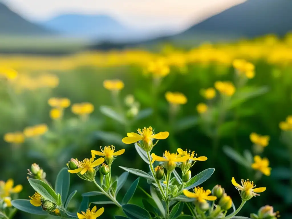 Campo vibrante de Hierba de San Juan bañado en luz dorada, con flores amarillas y tallos verdes